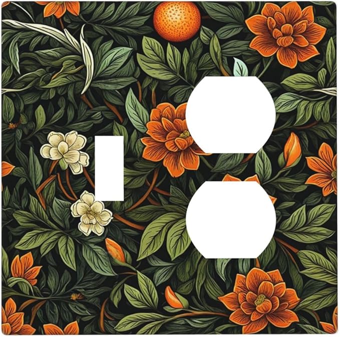Light Switch Cover Plate William Morris Orange Flowers Rustic Leaves Floral 2 Gang Decorative Switch Plates 1 Toggle Duplex Combo Outlet Covers GFCI Wall Plates for Bathroom Bedroom Decor