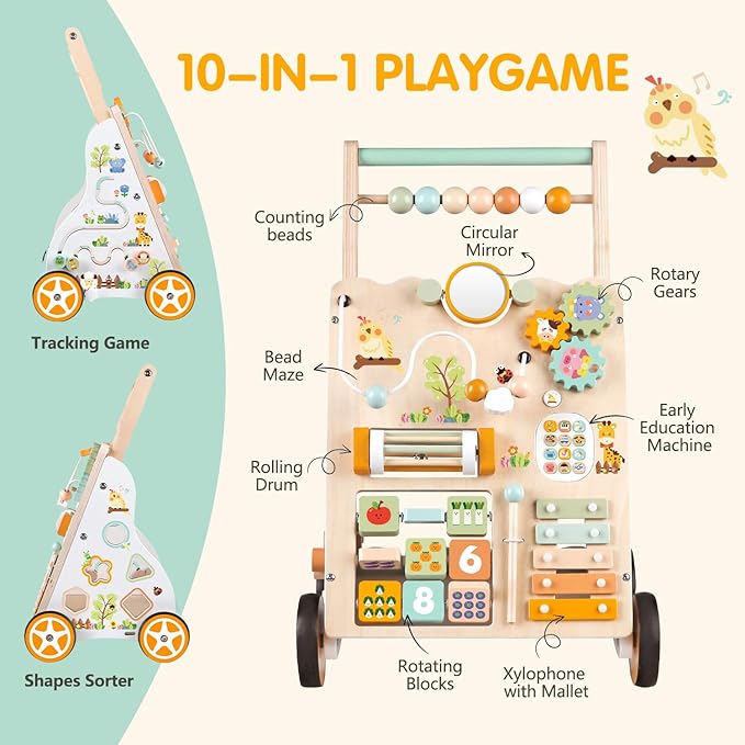 Wooden Baby Walker with Wheels, Push Walker with Baby Activity Center, Montessori Walking Toy for Girls Boys, Adjustable Speed & Height Activity Toy for Toddler Learning to Walk 12+ Months (Natural)