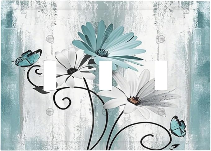 Light Switch Cover Plate Teal Daisy Floral Butterfly Vintage Wood 3 Gang Triple Toggle Decorative Switch Plates Wall Plates Electrical Switchplate Faceplate for Bathroom Bedroom Decor