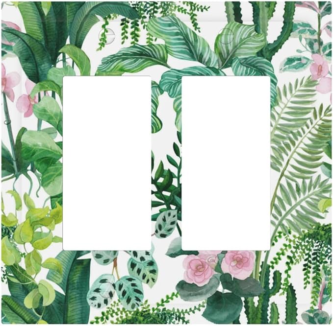 Tropical Palm Leaves Green Jungle Botanical Floral Flowers Decorative Outlet Covers 2 Gang Double GFCI Rocker Electrical Wall Panels Light Switch Cover Plate for Bedroom Living Room Decor