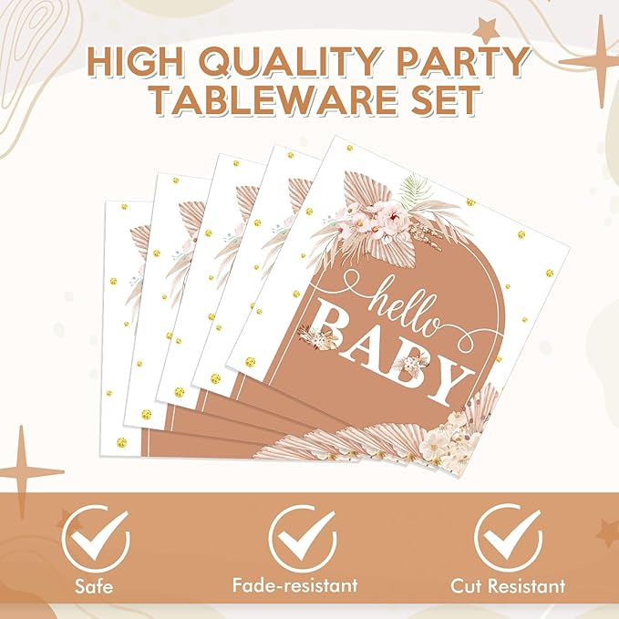 40 PCS Boho Baby Shower Decorations Bohemian Theme Disposable Tableware Set Gender Neutral Baby Shower Decorations Baby Paper Plates Napkins for Girl Boy