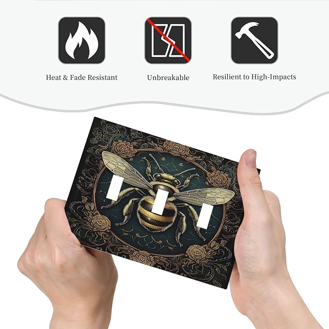 Decorative Switch Plates Mid Century Bee Dark Floral 3 Gang Wall Plate Triple Toggle Light Switch Cover Faceplate Electrical Wall Panels For Home Office Decor