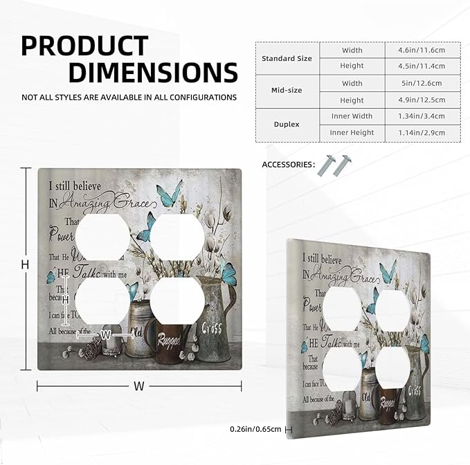 Decorative Outlet Covers Blue Butterfly Rustic Flower Inspirational Quotes 2 Gang Double Duplex Light Switch Cover Wall Plates Electrical Socket Cover Art Faceplate for Bathroom Bedroom Decor