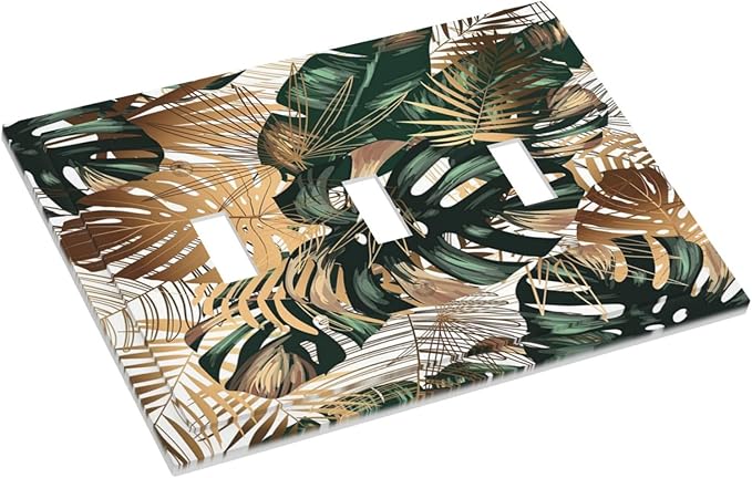Green Tropical Leaves Gold Palm Leaf Botanical 3 Gang Light Switch Covers Decorative Unique Triple Toggle Wall Plate Electrical Faceplate Switchplate for Kitchen Bathroom Bedroom Home Decor