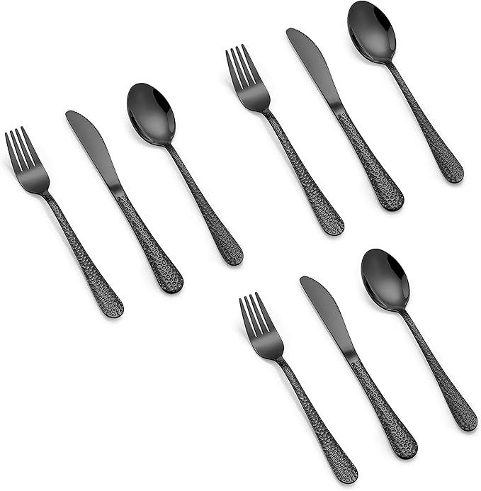 LIANYU 9-Piece Kids Black Silverware Set, Stainless Steel Toddler Utensils, Hammered Metal Flatware Cutlery Set Preschooler, Children Tableware Includes Knives Forks Spoons, Dishwasher Safe