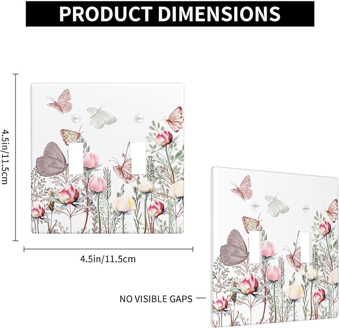 Wildflower Butterfly 2-Gang Double Toggle Switch Plate, Pink Floral Vintage Wall Plate for Home, Bedroom, Sunroom & Bathroom