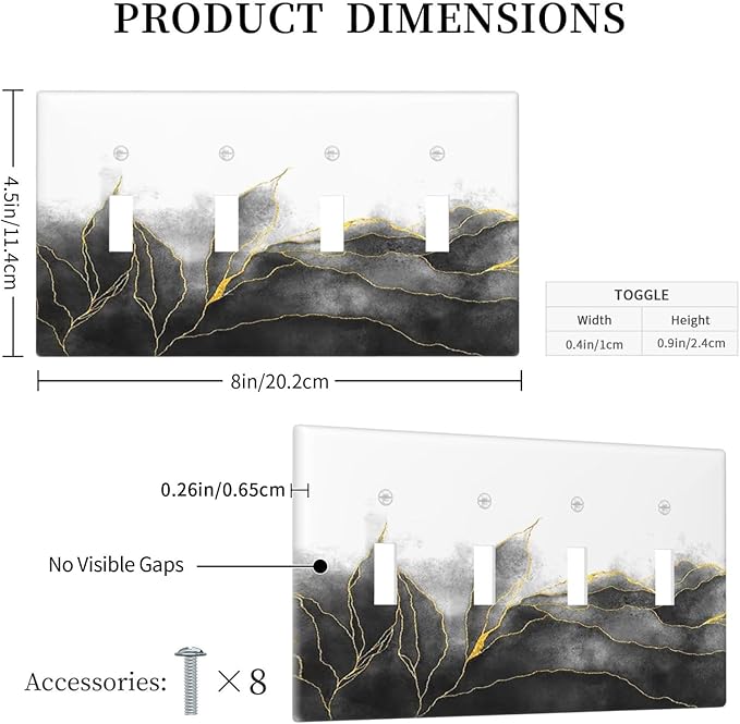 Light Switch Covers Black And Gold Marble White Golden Leaves Quad Toggle 4 Gang Wall Plate Electrical Faceplate Decorative Switch Plates for Bedroom living Room Decor