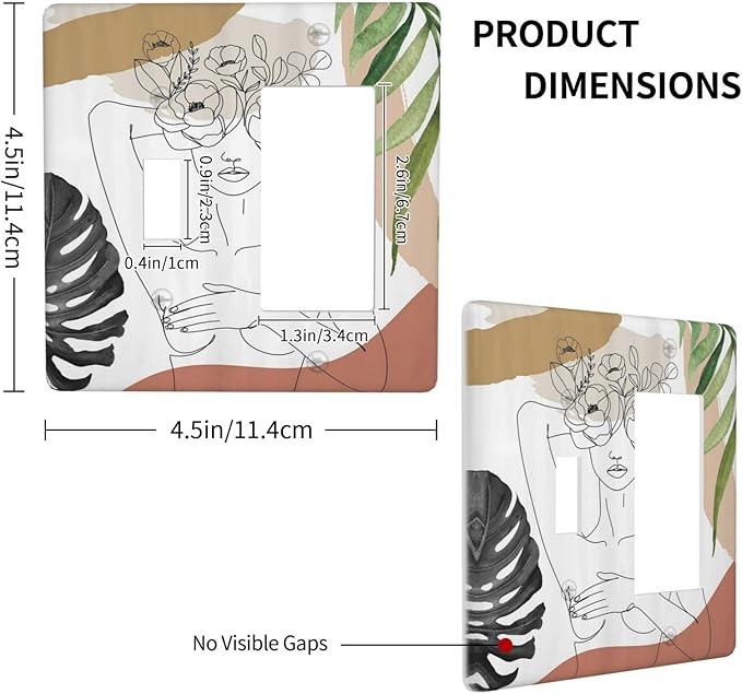 Mid Century Abstract Women Lady Boho Palm Leaf 2 Gang Single Toggle Rocker Combination Light Switch Cover Unique Decorative Wall Plate Cover Electrical Faceplate Switchplate for Livingroom Decor