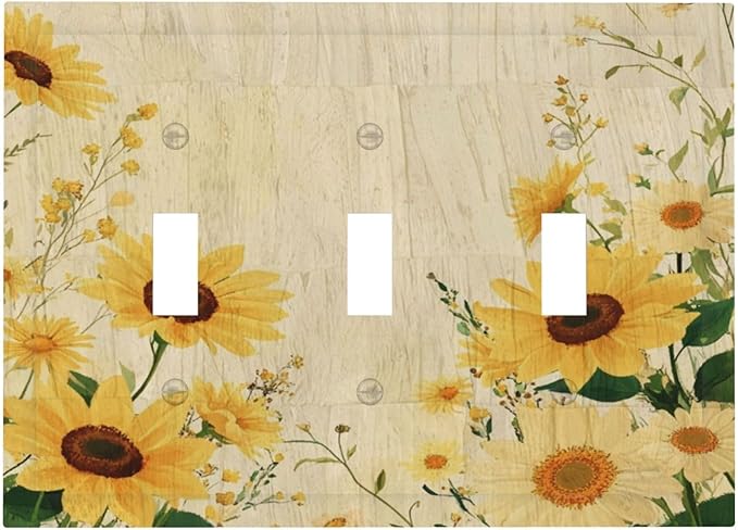 Decorative Switch Plate Cover with Vintage Botanical Sunflower Field Design 3 Gang Artistic Wall Plate Unique Triple Toggle Light Switch Covers for Nature Yellow Blooms Wall Decor
