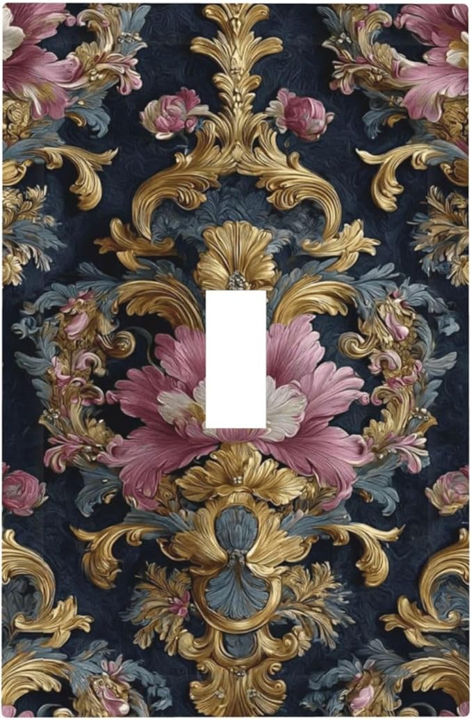 Decorative Light Switch Cover Plate Rococo Pink Floral Flower Gold Leaf 1 Gang Single Toggle Wall Plates for Electrical Outlet Covers Switch Plate Covers Faceplate for Bedroom Home Decor