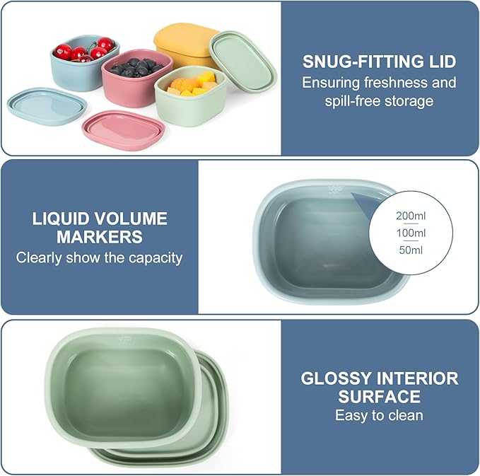 4 pcs 7 oz Silicone Snack Containers for Kids Small Food Containers with Lids, Fruit Container for Lunch, Stackable Lunch Container for Kids, Daycare, School and Travel
