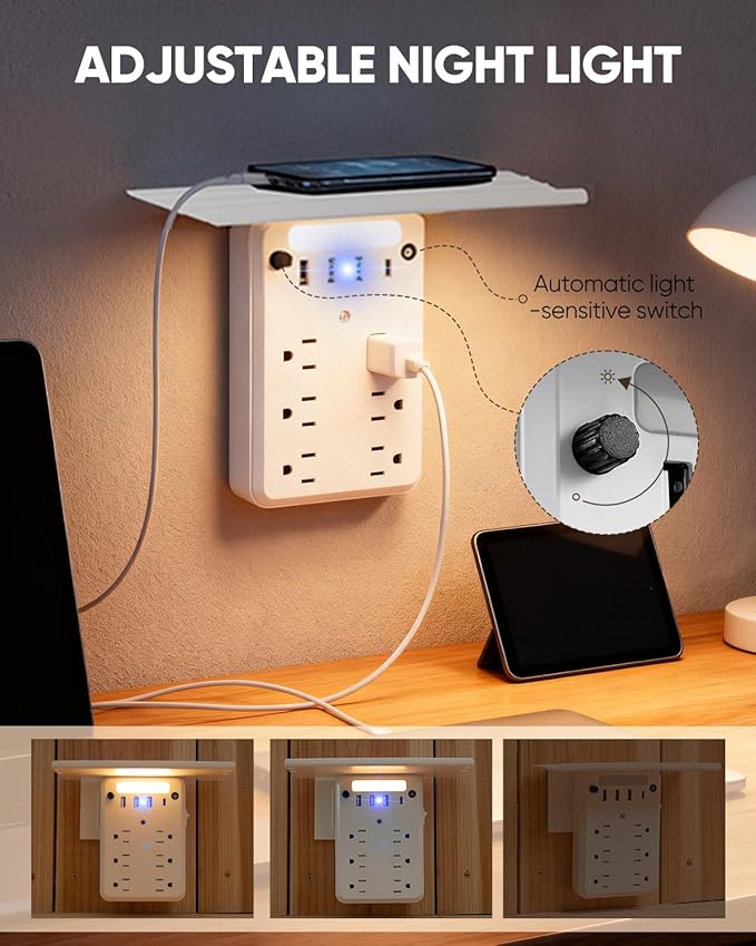 Saker Multi-Plug Outlet with Night Light,Wall Outlet Extender Surge Protector with 6 AC Outlets, 4 USB Ports(1 USB C), Overtop Power Charger with Outlet Shelf for Homes and Dormitories