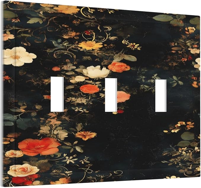 Vintage Orange Pink Black Roses Floral Flower Decorative Switch Plates 3 Gang Wall Plate Triple Toggle Light Switch Cover Faceplate Electrical Wall Panels for Farmhouse Bedroom Decor