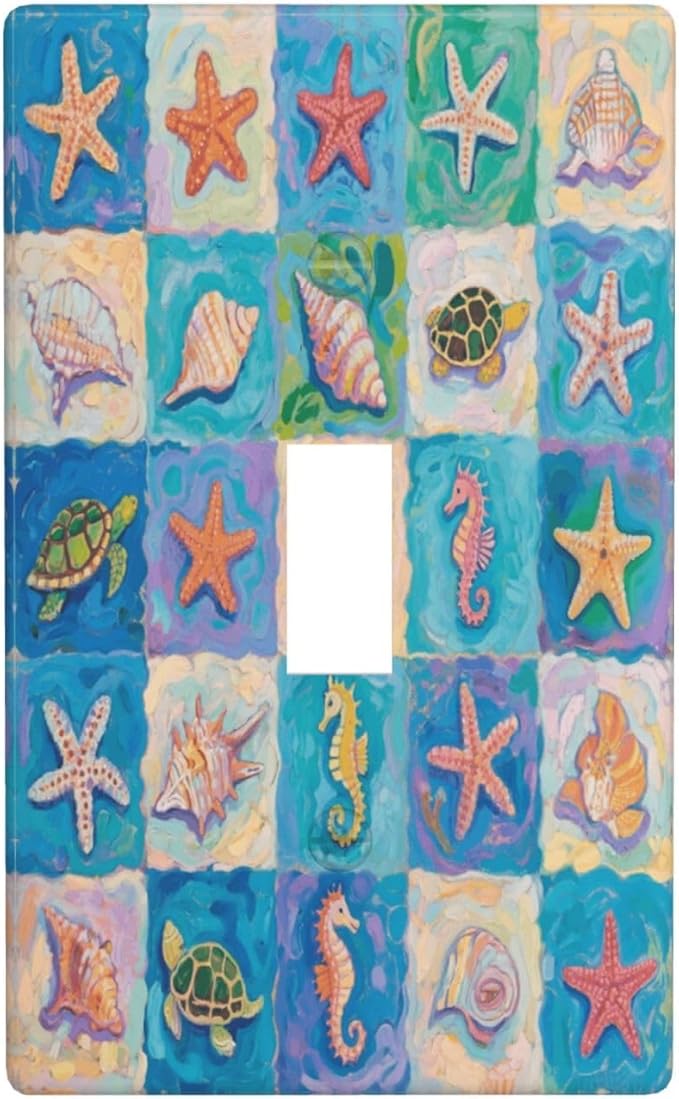 Sea Turtle Starfish Ocean Single Toggle Wall Plate Decorative 1 Gang Light Switch Covers Electrical Switchplate Home Decorate Faceplat for Bathroom Bedroom Kitchen Room 4.5 x 2.76 Inch