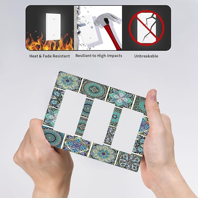 Light Switch Covers Mandala Decorative Rustic Vintage Turquoise Pattern 3 Gang Rocker Electrical GFCI Decorative Triple Outlet Wall Plate Cover Switchplate for Bedroom Bathroom Decor