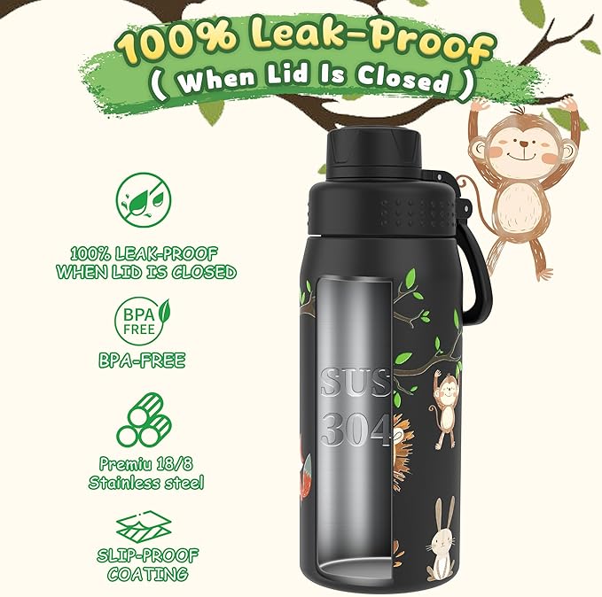GOPPUS 19oz Kids Water Bottle with Spout Lid, Toddler Water Bottle, Stainless Steel Insulated Water Bottle, Leakproof, BPA Free, Suitable for Boys and Girls for School（Forest Animals）