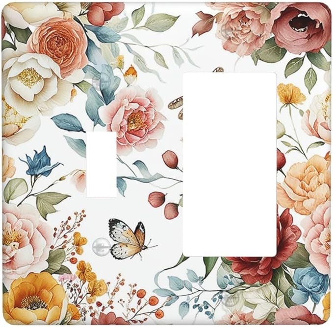 Rustic Style Colorful Peony Butterfly Dragonfly Outlet Covers 1 Toggle 1 Rocker Combination Electrical Switch Plates Light Switch Cover Plate Decorative Wall Plate for Bedroom Living Room Decor