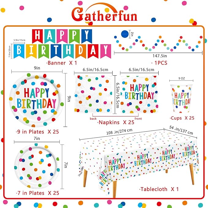 Happy Birthday Decorations: Happy Birthday Party Supplies Set with Birthday Dots Design- Includes Disposable Paper Birthday Plates and Napkins, Cups, Tablecloth, and Banner for decorations, Serves 25.