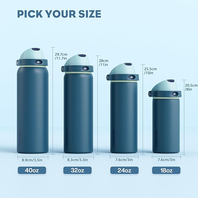 POWCAN 32 oz Insulated Water Bottle: 2-in-1 Lid with Push-Button Spout & Quick-Flip Straw, Leakproof, Cold 24Hrs, Car Cupholder, Stainless Steel Cup for Sports, School, Travel, Camping (Denim Blue)