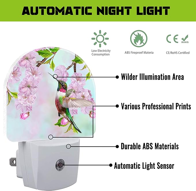 Hummingbird and Cherry Blossoms Night Light for Kids,Birds and Pink Flowers Plug in Night Light with Dusk to Dawn Sensor, 0.5w Energy Saving Nightlight for Hallway Stairway Kitchen Bedroom