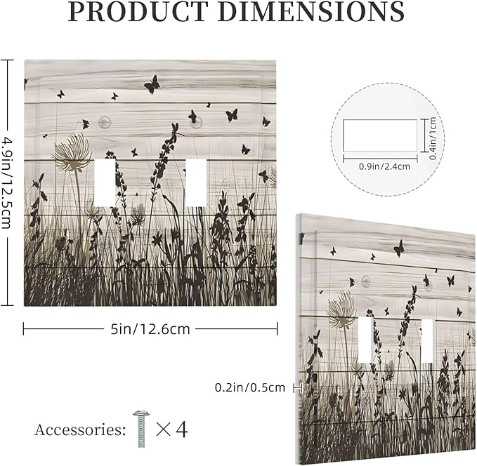 Wildflower Butterfly Grass Dandelion Vintage Wooden Print Decorative Switch Plates 2 Gang Double Toggle Outlet Light Switch Cover Wall Plate Electrical Faceplate for Farmhouse Home Decor