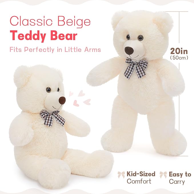 MorisMos White Teddy Bear Stuffed Animal, 20 Inch Bow Tie Classic Stuffed Bears Plush, Cuddly Hugging Bear Gift for Toddler, Kids, Baby Shower & Birthday, White