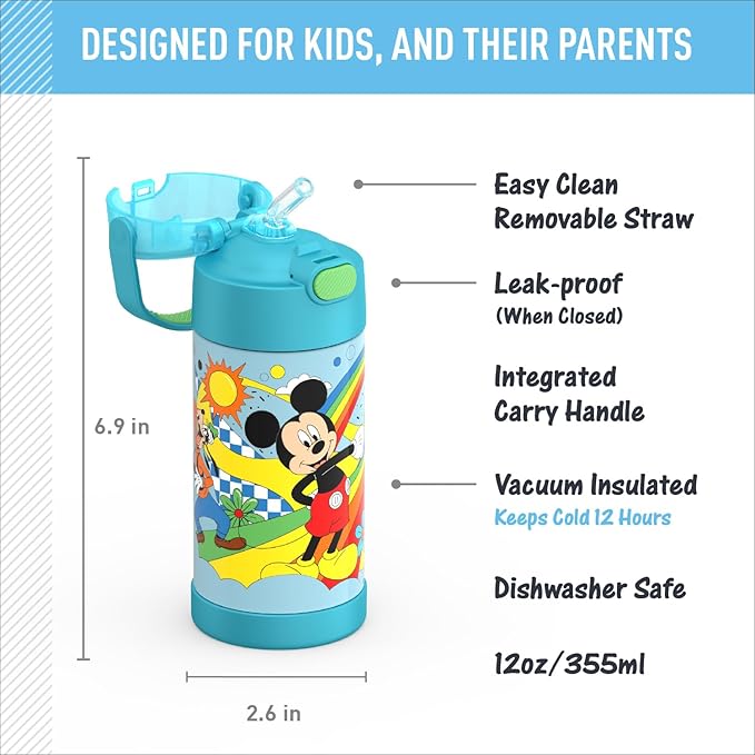 THERMOS FUNTAINER Water Bottle with Straw - 12 Ounce - Kids Stainless Steel Vacuum Insulated Water Bottle with Lid,Mickey Mouse,(Pack of 6)
