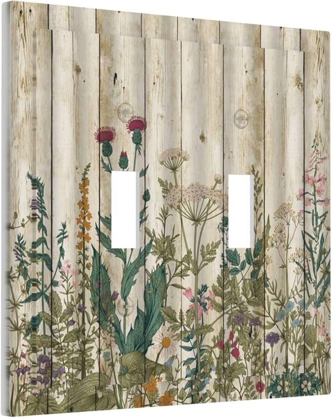 Vintage Wild Flowers Botanical Green Leaves Plants Double Toggle Light Switch Covers Decorative Rustic Wood Plank 2 Gang Wall Plate Dual Electrical Faceplate Switchplate for Farmhouse Bathroom