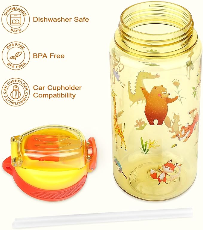 Kids Water Bottle for School or Travel, 20 Oz Durable Plastic Water Bottle with Silicone Straw and Pop-Up Spout Cover, BPA Free & Dishwasher Safe(Forest Animals)