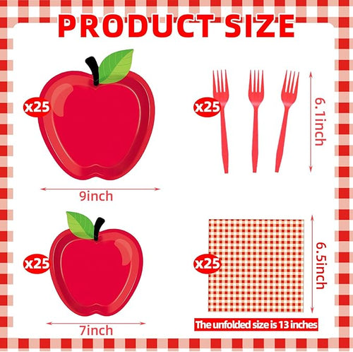 100 Pcs Apple Party Supplies Set, Serves 25 – Disposable Apple-Shaped Paper Plates, Red Gingham Napkins, and Forks, Fruit Themed Tableware for Teacher Appreciation, and Back to School Decorations