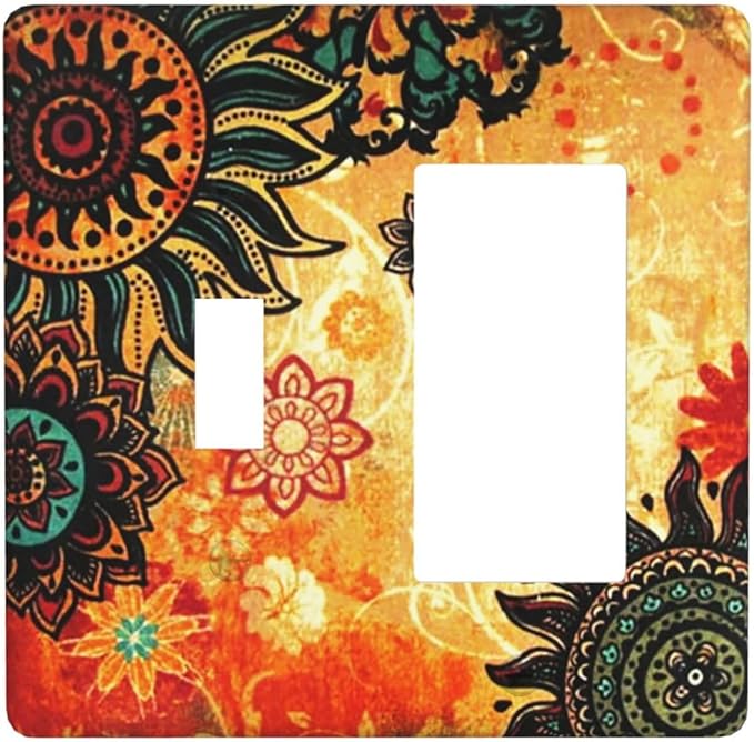 Red Mandala Boho Flower Floral 2 Gang Combination Single Toggle/Decorator Wall Plate Burnt Orange Sunflower Bohemian Combo 1-Toggle 1-GFCI/Rocker Outlet Light Switch Dimmer Receptacle Faceplate Cover