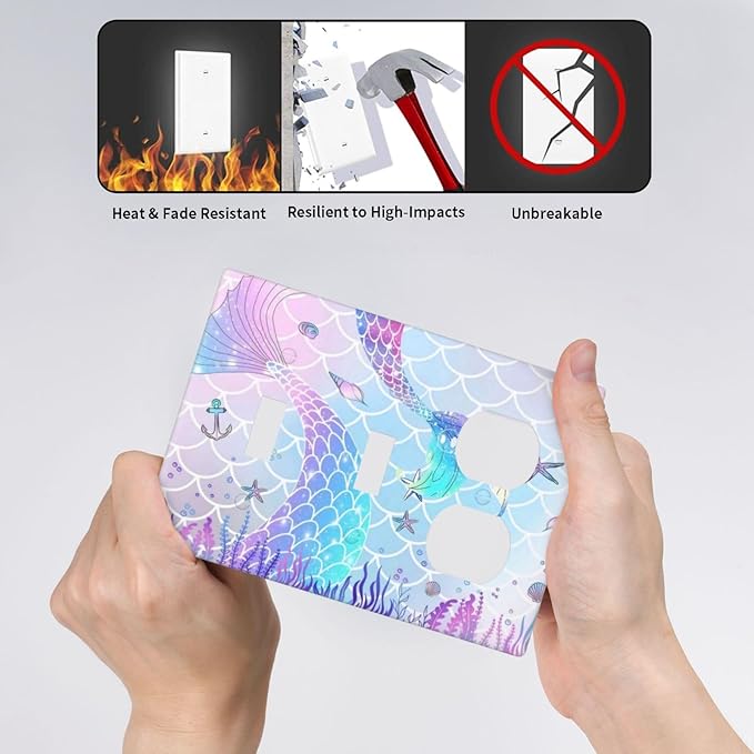 Cartoon Pink Girl Mermaid Scales Tail 3 Gang 2 Toggle 1 Duplex Combination Light Switch Plate Decorative Triple Toggle Wall Plate Cover Electrical Faceplate Switch Face Plate