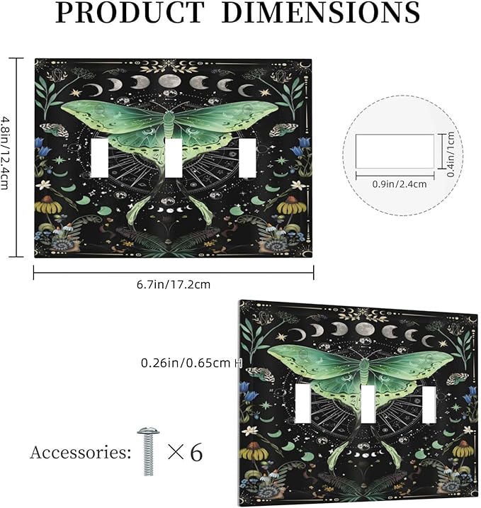 Moon Phase Butterfly Wildflower Plant Mysterious Night Moonlit Decorative Switch Plates 3 Gang Wall Plate Triple Toggle Light Switch Cover Faceplate Electrical Wall Panels for Bedroom Living Room