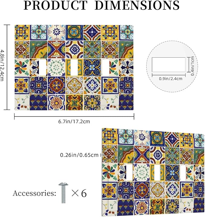 Yellow/Blue Kitchen Boho Floral Tiles Triple Toggle Device Switch Wall Plate 3-Gang Light Switch Cover Bohemian Mandala Talavera Mexican Tile Decorative Decorator Wallplate Switchplate Room Decorate