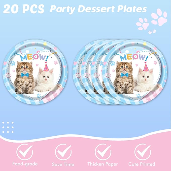 Ryzovo Cat Birthday Party Supplies,62pcs Cat Party Decorations&Tableware Set-Kitten Birthday Party Decorations Dinner Plates Dessert Plates Napkins Tablecloth etc Cat Themed Birthday Party Supplies