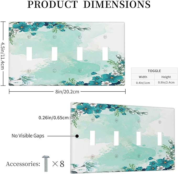 Light Switch Covers Blue Green Flowers Light Green Watercolor Patterns Quad Toggle 4 Gang Wall Plate Electrical Faceplate Decorative Switch Plates for Bedroom Home Decor