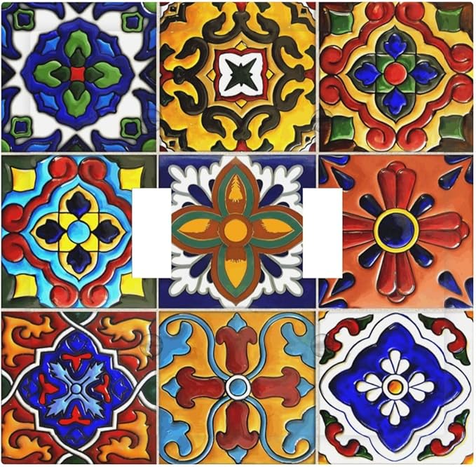 Vintage Colorful Boho Mexican Moroccan Tile Decorative Switch Plates 2 Gang Double Toggle Outlet Light Switch Cover Wall Plate Electrical Faceplate for Farmhouse Home Decor