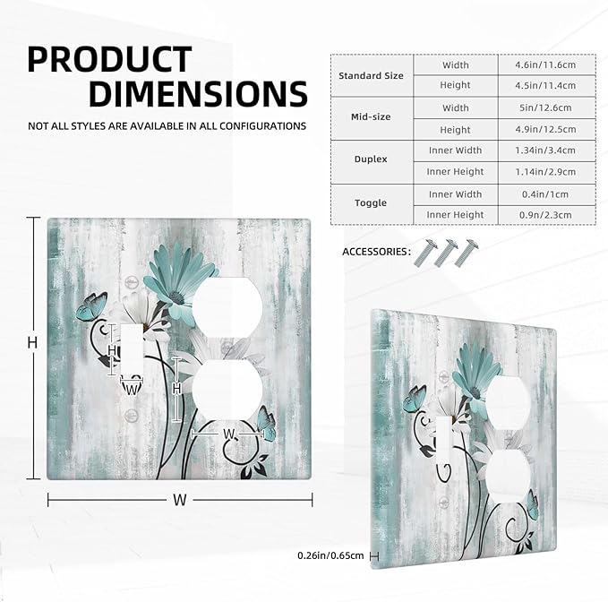 Teal Daisy Vintage Flower Butterfly Rustic Wood Print Wallplates 1 Toggle 1 Duplex Switch Plate Electrical GFCI Faceplate Decorative Light Switch Covers for Farmhouse Home Decor