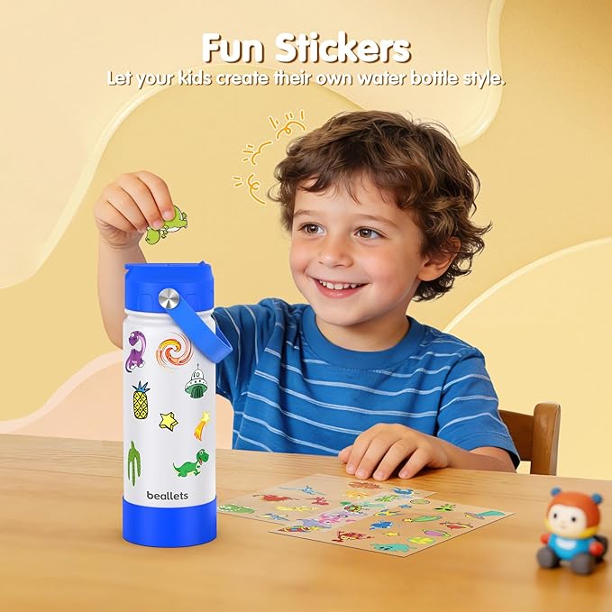 Kids Water Bottle, 18oz Toddler Insulated Bottles with Stickers, 18/8 Stainless Steel Leak-Proof Kids Straw Cup for School, Gifts for Boy(BlueWhite)