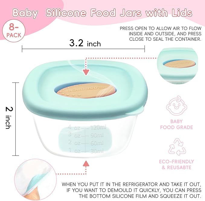 8 Pack Baby Food Storage Containers 4 oz, Baby Silicone Food Jars with Ventilation Valve, Snack Containers with Leak Proof Sealing Lid Microwave Safe, Suitablefor Nurseries, Schools and Travel