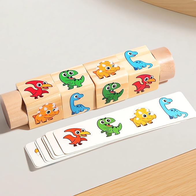 Wooden Dinosaur Matching Puzzle Game – Early Educational Toddler Rotating Block Puzzle with Cards for Hand-Eye Coordination & Fine Motor Skills Development for Age 1 2 3+