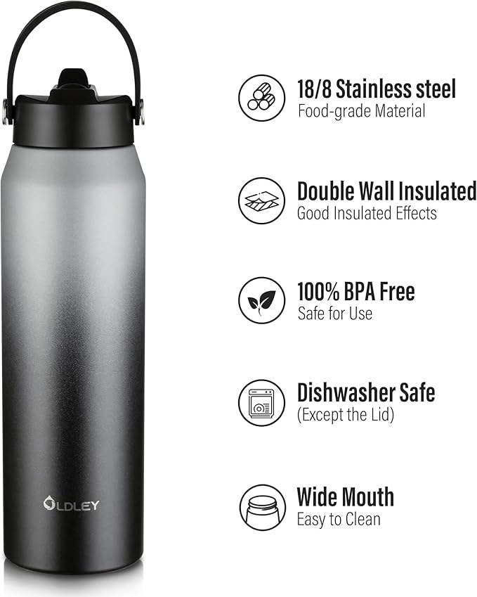 Oldley 32oz Insulated Water Bottle with Straw, Stainless Steel Water Bottle for Sports, Travel, School, BPA-Free Sports Bottles for Adult Kids, Leak-Proof, Gray-Black