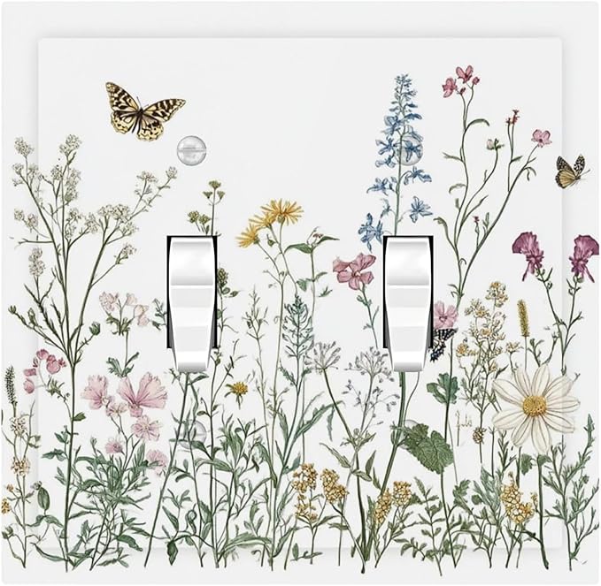 Decorative Switch Plates Rustic Wildflowers Butterfly Colorful Floral 2 Gang Double Toggle Outlet Light Switch Cover Wall Plate Electrical Faceplate For Bed Room Living Room Decor