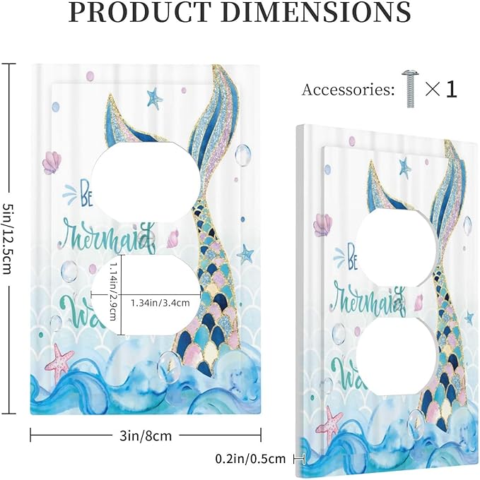 Mermaid Ocean Blue Waves Kids Girl 1 Gang Outlet Plate Decorative Single Duplex Wall Plate Covers Electrical Receptacle Light Switch Cover Art Faceplate Switchplate for Kidroom Bathroom Decor