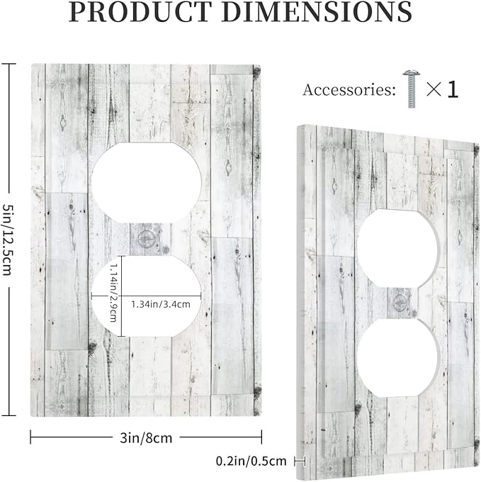Grey White Wood 1 Gang Outlet Covers Duplex Receptacle Wall Plate Decorative Electrical Faceplate Switchplates for Home Kids Bedroom Decorate 5" x 3 Large Size