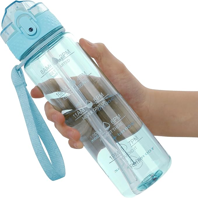 OLDLEY 17oz Kids Motivational Water Bottle, Silicone Straw, Leak-Proof Tritan BPA-Free, Reusable for School Girls & Boys, Cerulean