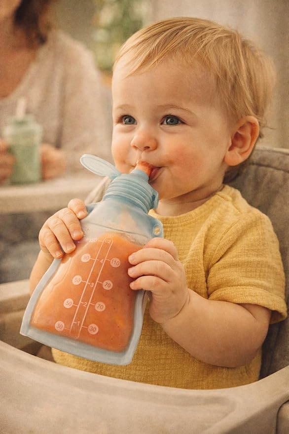 Haakaa Silicone Yummy Pouch 4.5 oz – Reusable Silicone Snack & Smoothie Pouch, Refillable, Leak-Resistant, Dishwasher Safe, Eco-Friendly Food Storage for Kids & Toddlers (4-PK, Mist Blue)