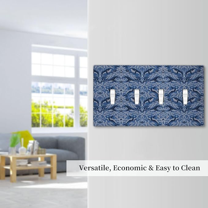 Blue Modern Nautical Art Whale Fish Ocean Damascus Light Switch Covers Quad Toggle Electrical Faceplate 4 Gang Wall Plate Decorative Switch Plates Cover for Bedroom Living Room Decor