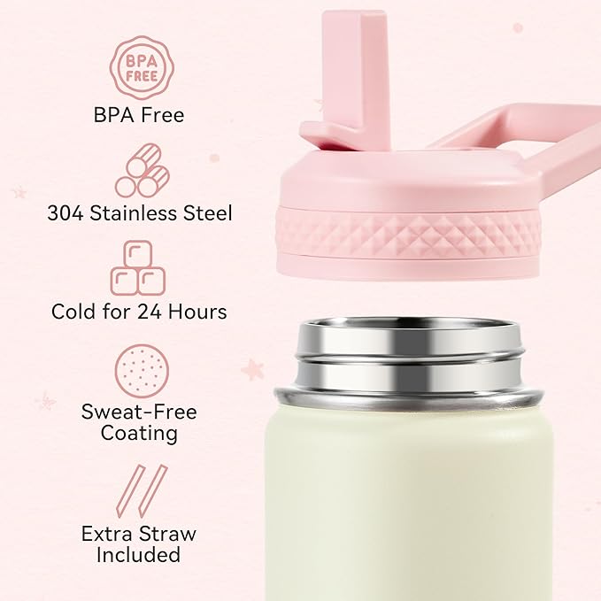 Fijinhom 12 oz Kids Water Bottle, Toddler Water Bottle with Straw, Boys&Girls Bottle for School, 304 Stainless Steel Vacuum Insulated Bottle for Kids, BPA-Free, Leak-Proof, Milky White