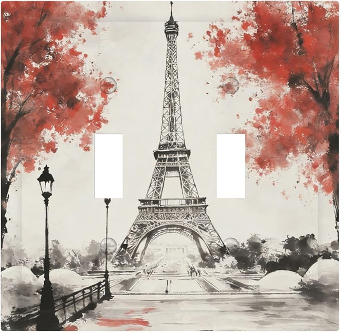 Parisian Watercolor Eiffel Tower Double Toggle Switch Cover - 2-Gang Standard US Size Paris Cherry Blossoms Romantic Light Switch Covers, Vintage French Watercolor for Bedroom Decor